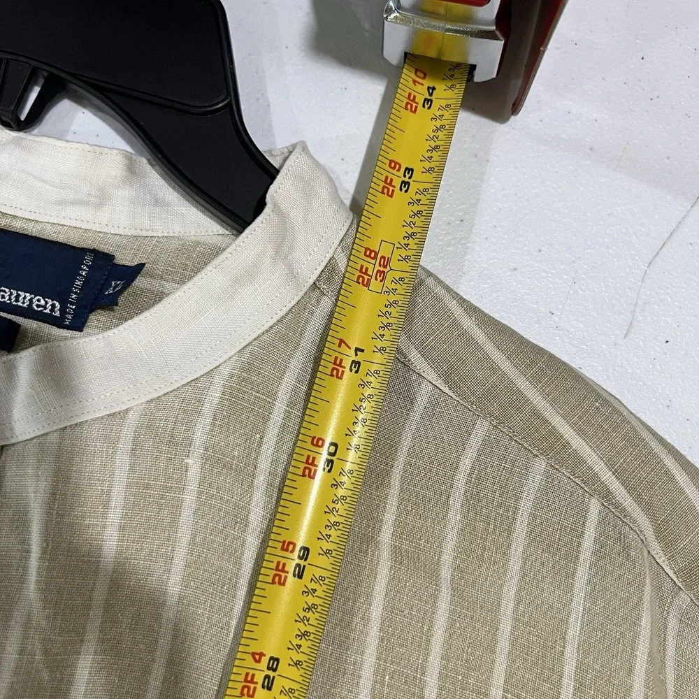 Vintage Polo Ralph Lauren Linen Band Collar Grandad Shirt XL Beige White Stripe